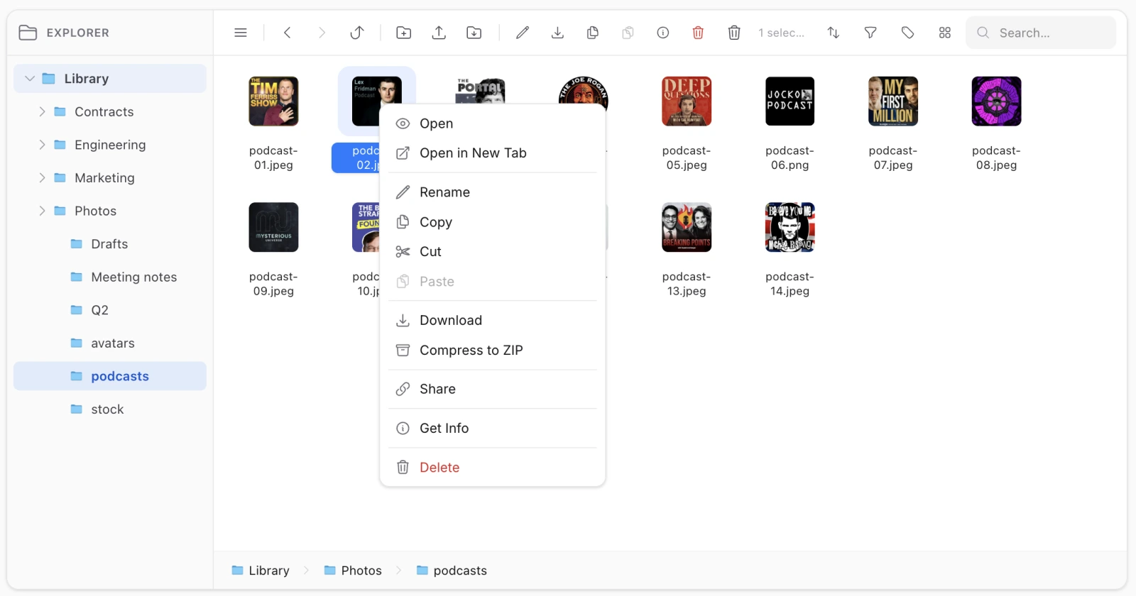 An item's context menu — right-click with a mouse, hold with a finger