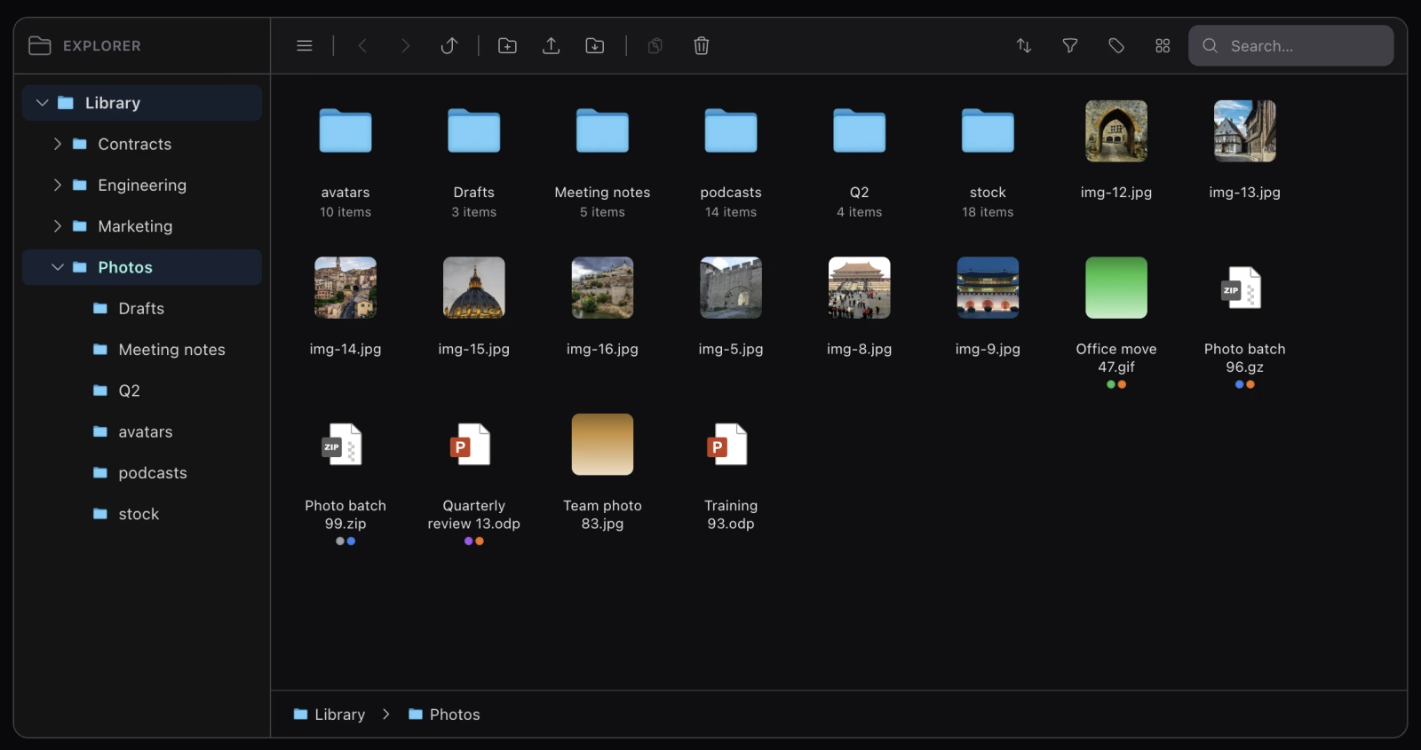 The explorer in dark mode — the accent carries through the selection and the active sidebar row