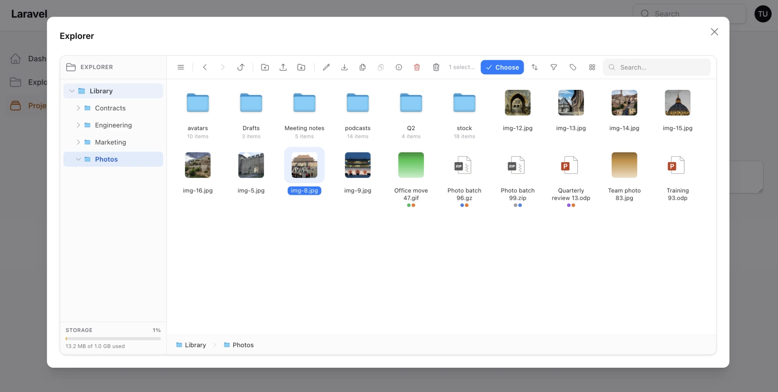The picker: the explorer in a modal, with Choose in its own toolbar
