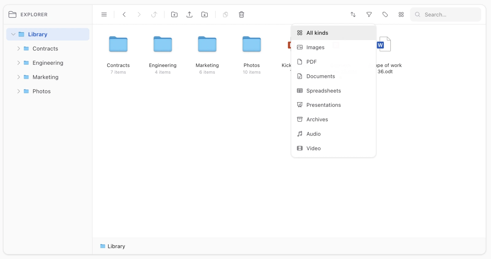 The kind filter menu, offering images, PDF, documents, spreadsheets, presentations, archives, audio and video