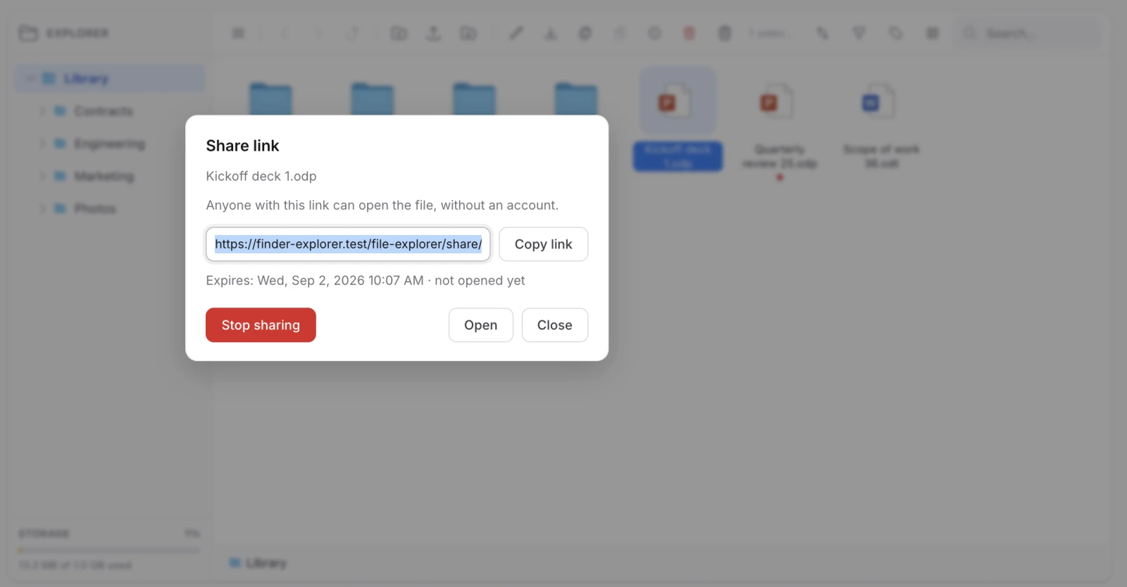 The share dialog: the link, when it expires, how often it has been opened, and a way to stop
